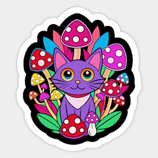 Purple trippy cat and mushrooms Sticker